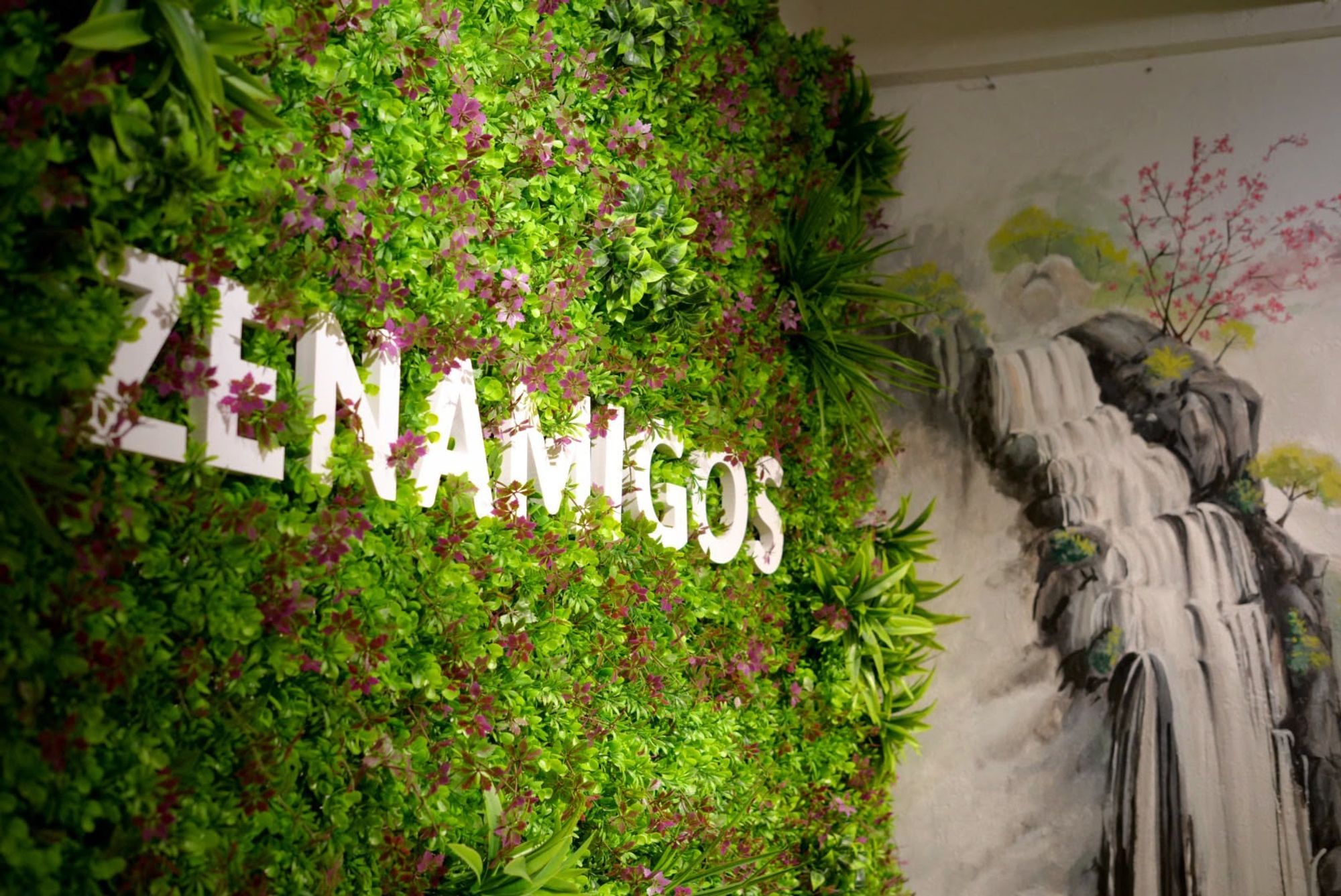 The ZENAMIGOS name in white letters on a wall of green plants, next to a painted waterfall