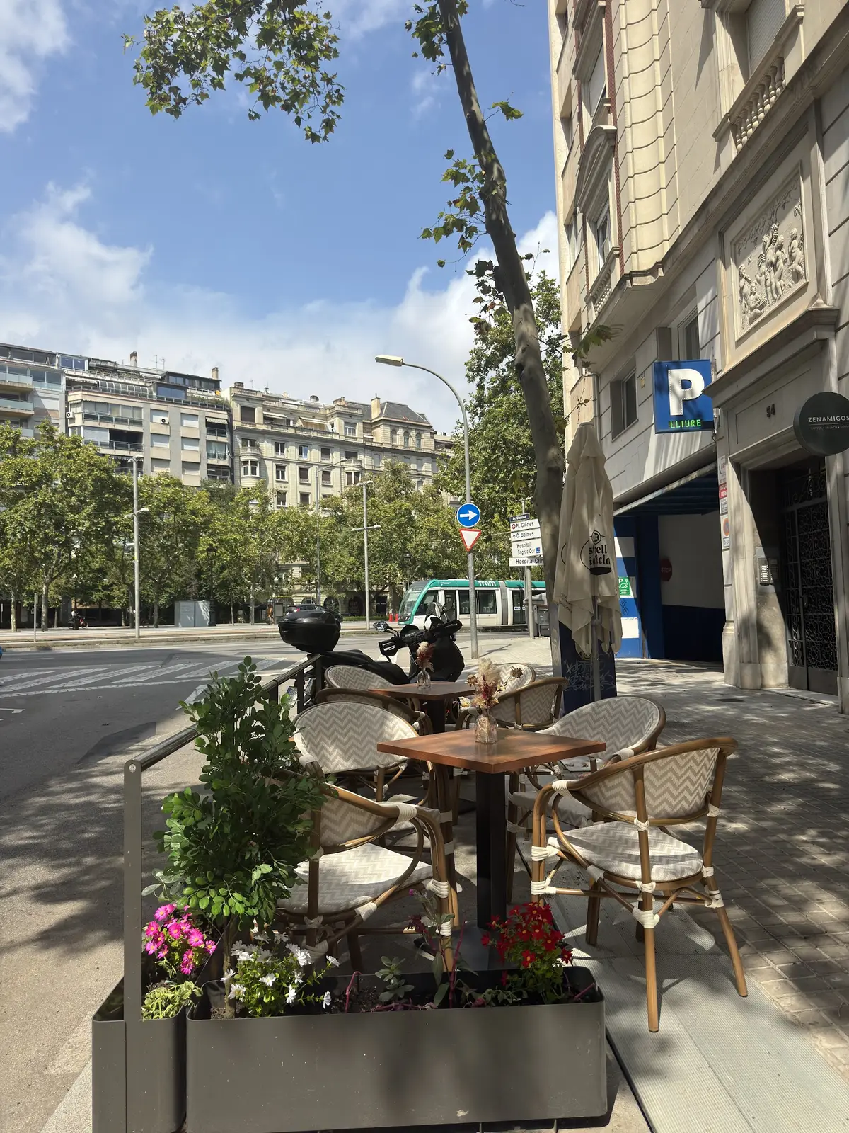 The ZENAMIGOS terrace on the avenue, with a tram passing in the background